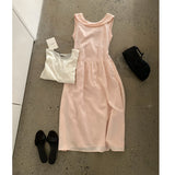 2026 Summer New Korean Minimalist Sleeveless Vest Dress Women's A-Siding Belt Temperament Long Skirt