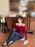 Pure Wind Red Fake Two-Piece Open Shoulder Splicing Long-Sleeved Knitted Shirt Women Autumn Wood Ear Design Feel Bottom Top