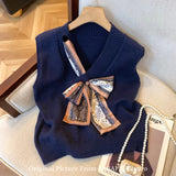 KANING Design-Sensitive Ribbon Bow V-Neck Vest Women's Autumn Soft-Gried Knitted Vest Korean Sleeveless Top