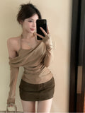 Pure Wind Hanging Neck Fake Two Long-Sleeved T-Shirts For The Autumn Women's New Body-Repair Short-Covered Tucked On The Shoulder Ins