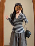 Striped Half-Necked Body To Close The Waist With Long-Sleeved Top Woman Bumpy Hottie Long-Sleeved T-Shirt