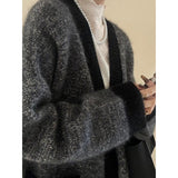 KANING Old Money Windy Dark Gray V-Neck Knitted Cardigan 2026 Autumn And Winter Lazy High Sense Loose Sweater Jacket
