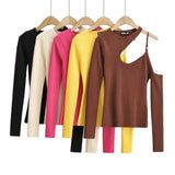 Autumn New Hottie Irregular Neck Hanging Neck Knitted Shirt Women's Single Shoulder Solid Color Knitting Top