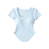 Pure U-Shaped Square Collar T-Shirt Curved Under The Hem Of Short-Sleeved T-Shirt