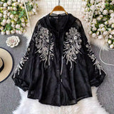 Light Luxury High-End Heavy-Working Sequin Nail Lantern Sleeve Shirt Coat Casual Sunscreen Loose Thin Hooded Shirt