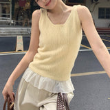 3.8/Spring New XUAN XIAO JIE Yellow Lace Splicing Vest Knitted Two-Piece Set
