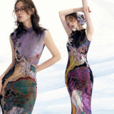 2025 New Three-Color New Chinese Style Before And After Two Crash Color Printing Cheongsam Dress