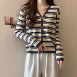 KANING Port Wind Sweet V-Neck Striped Knitted Cardigan Women 2026 Autumn New Ocean Gas Thin Sweater Outside