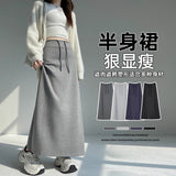 Grey Sports Skirt Women Spring And Autumn New High-Waist Straight Open Fork A-Style Half-Dress Pendant Skirt Long Skirt