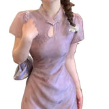 New Chinese Style Young Girl Cheongsam 2025 New High-End Exquisite Flower Hollow Purple Dress
