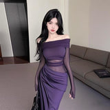 Lightly Familiar Sister Wind Shoulder Hollow Dress Girl Spring And Autumn Tight-Lender Hips Skirt Dress Dress Dress Dress Dress Dress Dress