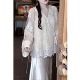 Moon See Yarn New Chinese Style Embroidered Slanted Lace Lace Dress Ribbon Skirt Summer Women's Dress Two Dresses