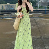 Large-Size Fat Mm Temperament V-Neck Collared Hua Bubble Bubble Sleeve Dress Women's New Summer Collection Waist Thin A Word Long Dress