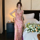 Tea Break French Gentle Temperament V Collared Flowers Hanging Dress Seaside Holiday Wind Bag Long Skirt