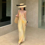 Yellow Temperament Seaside Resort Windy Dress Fainting V-Neck Zipper Sling Dress Women's Summer