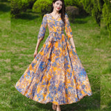 Summer Printing Bubble Sleeve V Tie With Dress Femininity Slim Mother Dress Beach Dress