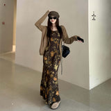 Loose-Carded Long-Sleeved Coat Women's Autumn With Sling Dress Retro Floral Dress Two