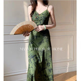 Summer Light Luxury High-Waistless Sleeveless Green Sling Skirt Over The Knee Young Temperament Waist Dress Woman
