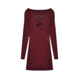 Spring New Temperament Wine Red Long-Sleeved Dress Female Korean Version Of The Body Wearing Sexy Hot Babes Ass Short Skirt