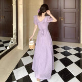 French Gentle Lotus Side V-Neck Bubble Sleeve Dress Summer Holiday Purple Lace Lumbar Texture Dress
