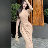 Royal Sister Wind Cross V-Necked Long-Sleeved Dress Women Autumn Folding Body Temperament Long-Term Pocketed And Hip Skirt