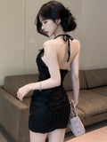 (Original Quality) Pure Lust Lace Flowers Hanging Neck Sling Dress Women Summer Breeze Hotties Hip Skirt