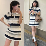 Real Shooting A Large Number Of Goods Summer New Lace Splicing Lace Knitted Doll Collar Short-Sleeved Skirt Striped Skirt