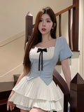 French Chic Sweet Babes Design Small Women's Summer Bows And Coloring Short-Sleeved Shirt Slim Top