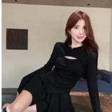 Casual Top Half Dress Two Sets Of Women's Early Autumn New Korean Hollow Design Feel Irregular T-Shirt Chic Suit