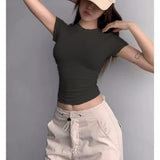 Ins Sexy Pure Desire Tight-Up Thread High-Bomb Short-Sleeved Women T-Shirts With Round Body Collar Solid-Color Bottom Top Women
