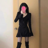 Spring And Autumn New Small Black Dress Lotus Leaf Edge V Collar Horn Sleeve Hottie Dress Pure Temperament