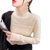 KANING Stylish Stylish Temperament Pearl T-Shirt By Lace Knitted Shirt Half-Led Sweater