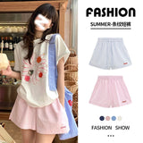 Pink Embroidery Striped Shorts Wide-Legged Women's Summer New High-Waisted Casual A-Word Sweatpants Three-Dimensional Waist Whole Piece Inside
