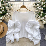 Light Luxury Famous Lady Shirt Women Summer Lotus Edge Thin Mesh Loose Royal Sister Temperament High-End Feel Blouse Tide