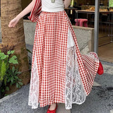 Korean Sweet Lace Spliced Red Lattice Half-Body Skirt Spring And Summer New College Style A Long Skirt