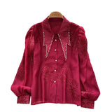 French Light Luxury Heavy Industry Diamond-Stitched Collar Lantern Sleeve Shirt Women's Fashion Glide Embroidery Single Buckle Cardigan Women's Top
