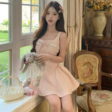 Sweet Wind Bow Spliced Lace Sling Dress Light Luxury High-End Women Summer Small Waist Ponve