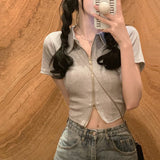 Fashion Sweet Hottie Sexy Polo Collar Short-Sleeved T-Shirt Design Double Zipper Repair Slim Short Top