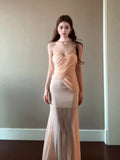 Pure Lustrous Gentle Bare-Colored Mesh Dress Female High-End Temperament Vacation Fishtail Ass And Hip Dress