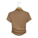 2025 Pure Lustful Wind Sexy Tight Chest Flanked Folded T-Shirt Thread Half-High Collar Short-Sleeved Top Woman