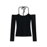 Spice Girl Slimming Thin Shoulder Shoulder Long-Sleeved T-Shirt Pure Desire Hottie Inside The Bottom Of The Tie Hanging Neck