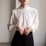 French Elegance Early Spring Commuter Wood Ear Folded Long-Sleeved Shirt Women White Inside Coat