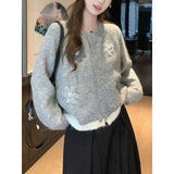 KANING Korean Round-Neck Three-Dimensional Flower Knitted Open Shirt 2026 Autumn And Winter New Lazy Wind Stifling Sweater Jacket