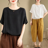 2026 Summer New Cotton Literature Retro Loose Round-Neck Chinese Style Tea Shirt Blouse