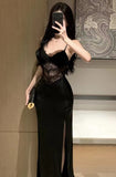 Received Waist Dress Open Black Hollow Sexy Dress Temperament Evening Dress With Chest Pads Lace Bag Hip Dress