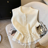 KANING Soft Lace Side Hem Spliced Knitted Vest 2026 Autumn And Winter New Folding Sweater Vest
