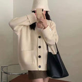 KANING Roll-Fleet Sticker V-Neck Button Knitted Cardigan 2026 Autumn New Korean Lazy Loose Sweater