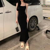 Summer 2026 New Threaded Black Sling Dress Women's Sexy Hot Girls Behind The Mother's Ass Mid-Stool Dress