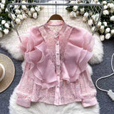 French Small Luxury Three-Dimensional Lotus Side Splicing Round Collar Pearl Single Buckle Lace Jersey Top
