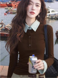 Vintage Lattice Splicing Fake Two-Piece Bottomed Shirt Women In The Spring And Autumn Wearing A Design Polo Collar Top